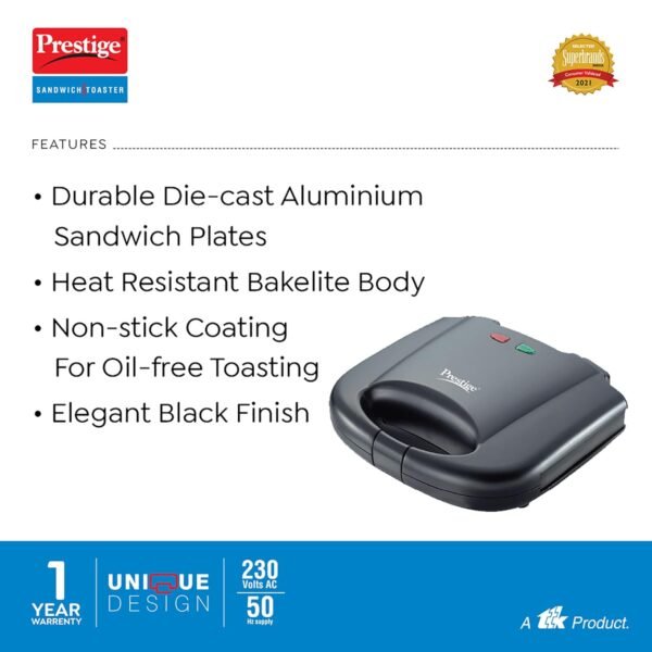 Prestige Toaster PGMFB 800 Wt | Grilled Sandwich Toaster | Fixed Grilled Plate | - Image 3