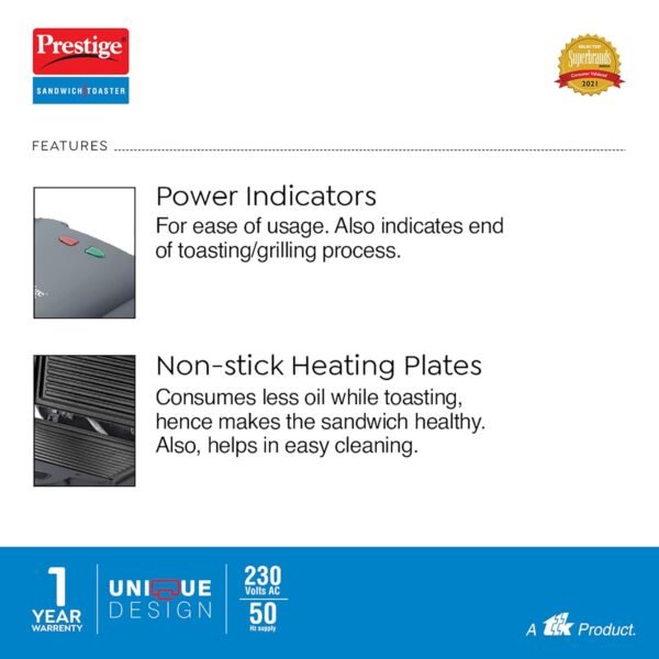 Prestige Toaster PGMFB 800 Wt | Grilled Sandwich Toaster | Fixed Grilled Plate | - Image 4